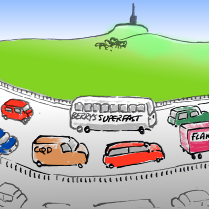 Panel 1: A stream of cars, buses, and lorries are travelling along a highway. There is a green landscape in the background. On a hill, there is a monument.