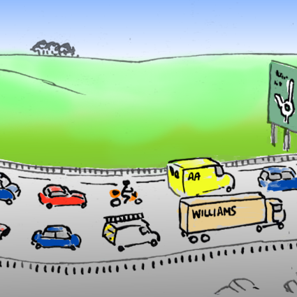 Panel 3: The stream of traffic continues - there is a road sign.