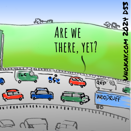 Panel 4: The stream of traffic continues. From one of the cars someone says: Are we there yet?