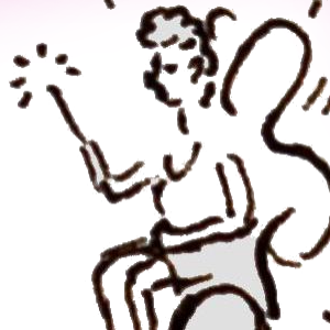 A cartoon image of a fairy with a magic wand in a wheelchair