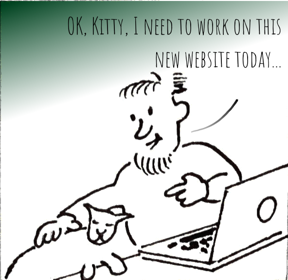 Panel 1: A young man with a beard is sitting at a desk with a laptop computer. He is stroking a cat which has two paws on the desk. The cat has its eyes closed. Man: OK, Kitty, I need to work on this new website today...