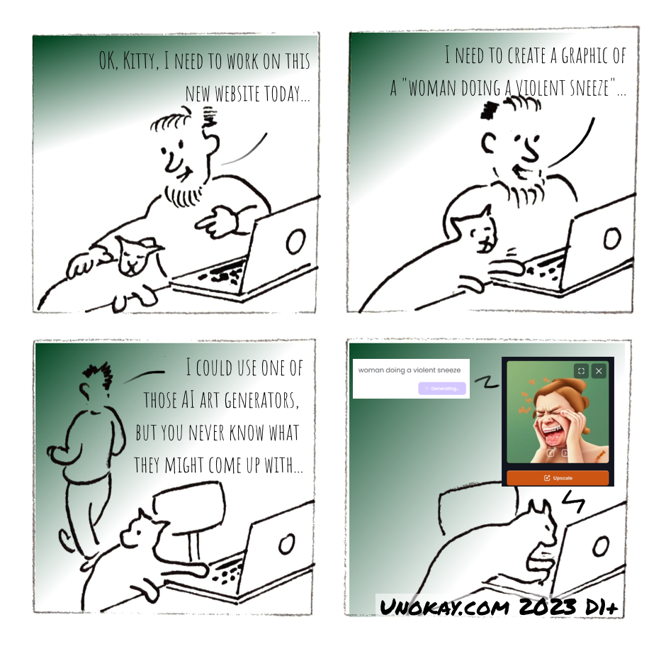 This is a four panel cartoon. Panel 1: A young man with a beard is sitting at a desk with a laptop computer. He is stroking a cat which has two paws on the desk. The cat has its eyes closed. Man: OK, Kitty, I need to work on this new website today... Panel 2: The man has turned to the computer. The cat has woken up a bit and is tapping one paw on the keyboard. Man: I need to create a graphic of a 'woman doing a violent sneeze'... Panel 3: The man is walking away from the computer. The cat is now looking over its shoulder at the man and has one paw on the keyboard. Man: I could use one of those AI art generators, but you never know what they might come up with... Panel 4: The man has disappeared. The cat is busy typing on the computer keyboard. Above the computer we see what the cat is typing: Woman doing a violent sneeze. There is a computer generated image of a woman sneezing which is highly exaggerated with the woman's tongue sticking out, her eyes closed tight, and both hands held to her head. A button with the word 'Upscale' appears under the image. The cartoon is signed unokay.com 2023 D1+