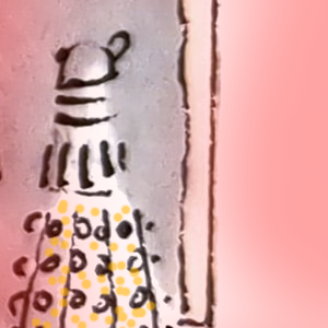 A cartoon image of a gold Dalek with its back to us outside an open door. One of the Dalek's comm lights is missing.