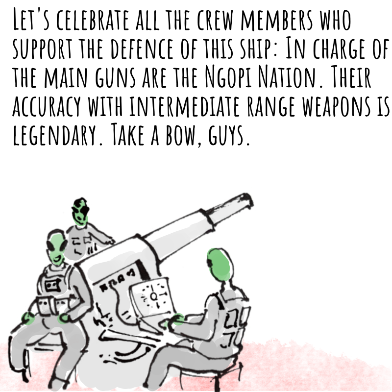 Panel 2: A group of three green-headed aliens in silver suits sit and stand around a giant gun. The computer continues: Let's celebrate all the crew members who support the defence of this ship: In charge of the main guns are the Ngopi Nation. Their accuracy with intermediate range weapons is legendary. Take a bow, guys.