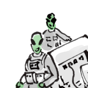 Two green-headed aliens in silver suits with some strange machinery