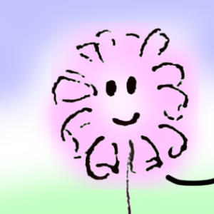 A cartoon image of a pink flower with a kind smiling face.