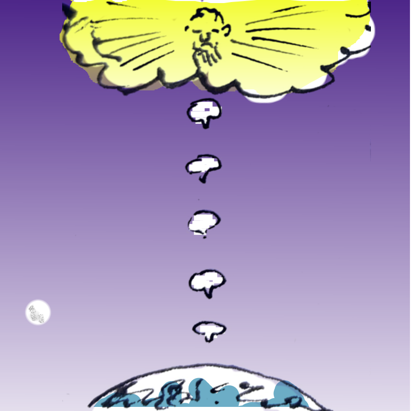 Panel 3: Way above the Earth, the series of speech bubbles continues through space until they reach an enormous glowing cloud cintaining the image of an old man.