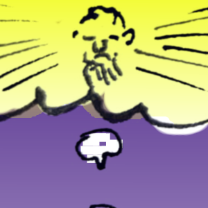 A yellow cloud in a purple sky. The image of an old man is in the cloud with lines radiating out. Underneath is an intelligible speech bubble.