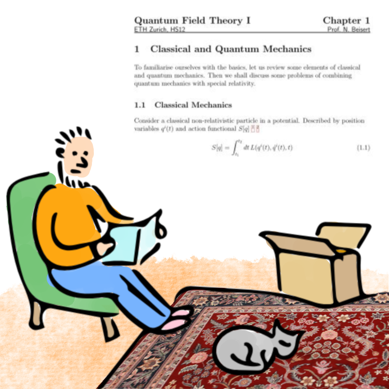 Panel 1: A young man is sitting reading a book. A cat is sleeping on the elaborate carpet in front of him. There is an open cardboard box on the floor. The book is on quantum physics.