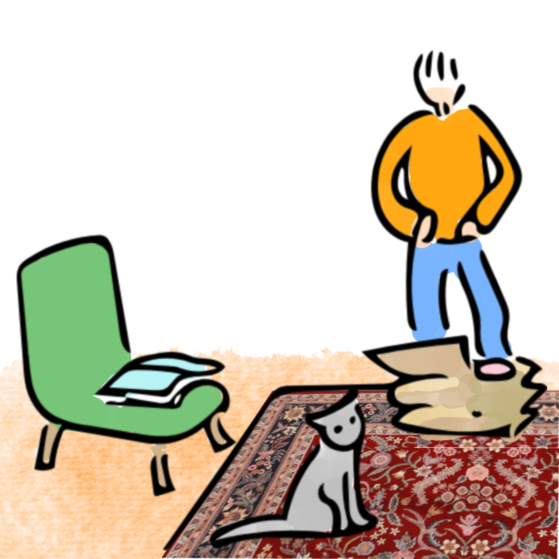 Panel 3: The man is standing now. The book is open on the chair. The man is stepping on the box and crushing it. The cat is awake and sitting up.