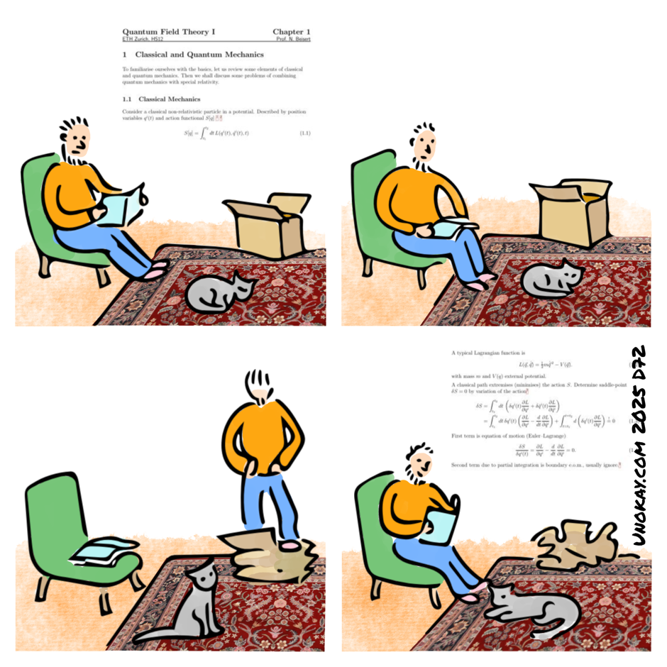 This is a four panel cartoon. Panel 1: A young man is sitting reading a book. A cat is sleeping on the elaborate carpet in front of him. There is an open cardboard box on the floor. The book is on quantum physics. Panel 2: The man stops reading and puts the book down. Panel 3: The man is standing now. The book is open on the chair. The man is stepping on the box and crushing it. The cat is awake and sitting up. Panel 4: The man is sitting reading again. The cat is sleeping. The box is crushed. The cartoon is signed unokay.com 2025 D72