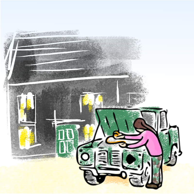 Panel 1: A woman in a pink top and combat trousers is leaning inside the open bonnet of an old Land Rover and pulling something out. In the background is a house.