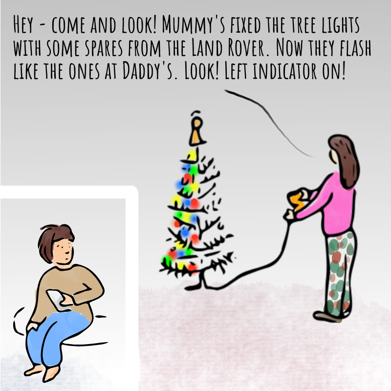 Panel 2: The woman is inside in front of a Christmas tree. The lights on one side of the tree are lit up. In another room, a child looks up from her phone when she here's her mother call. Woman: Hey - come and look! Mummy's fixed the tree lights with some spares from the Land Rover. Now they flash like the ones at Daddy's. Look! Left indicator on!