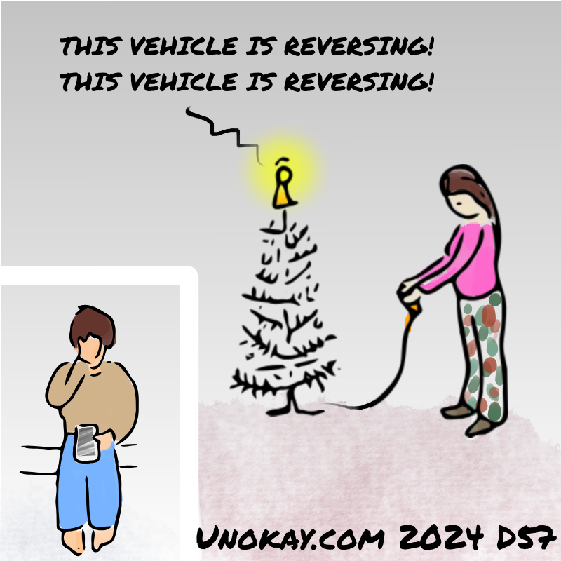 Panel 4: The lights on the tree have gone off except for one at the top. The child has her hand over her face. From the tree is the announcement: This vehicle is reversing! This vehicle is reversing!