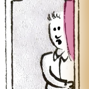 A cartoon image of a man sitting inside a confession box with the curtain half closed.