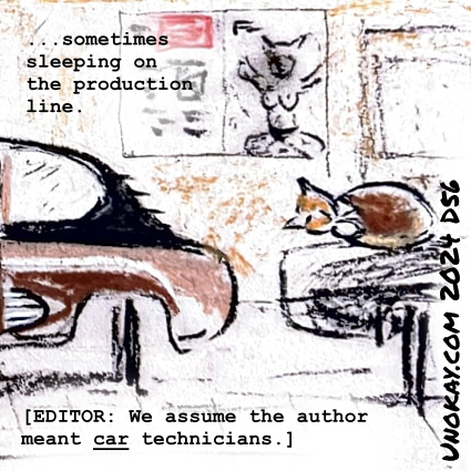 Panel 4: The rear half of the same car. A cat is sleeping on the bonnet of the car behind. A Sun newspaper page 3 in pinned on the wall but with a cat-headed model. The text reads: ...sometimes sleeping on the production line. Further text at the bottom reads: EDITOR: We assume the author meant car technicians.