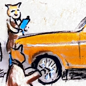 A cat-headed technician with a clipboard oversees another cat working on a car.