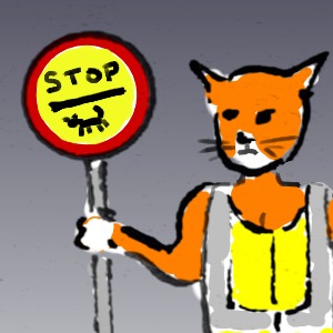 A ginger cat in a hi-vis vest holding a Stop sign.