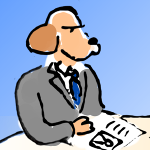 A cartoon image of a dog headed man in a grey suit and blue tie sitting at a table. In front of him is a sheet of paper which seems to have a photo of a person and some text on it.