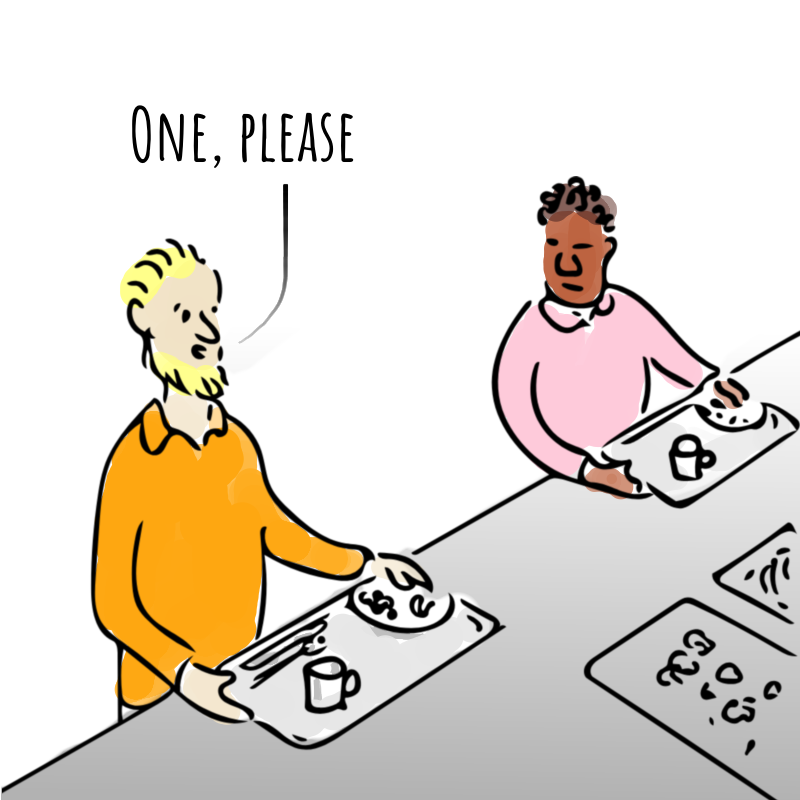 Panel 3: The man replies: One, please.