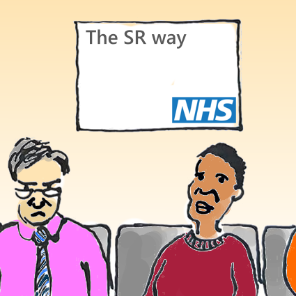 Panel 3: An older man in a pink shirt and tie and a woman in a jumper are sitting next to them. Behind them a poster reads: The SR way.