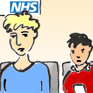 A woman and a boy are sitting. The boy is looking at his phone. Behind them is an NHS logo