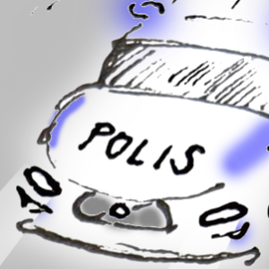 A cartoon image of the front of a police car with the word POLIS written on the bonnet.