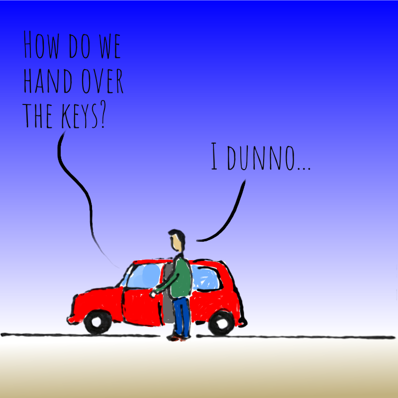 Panel 2: We're closer to the car. A man in a green top and blue jeans is standing by the car. The door is open. From inside the car, someone is saying: How do we hand over the keys? The man in the green top says: I dunno.