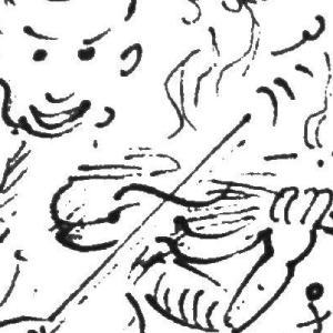 A cartoon drawing of a man playing a fiddle with a crazy look on his face