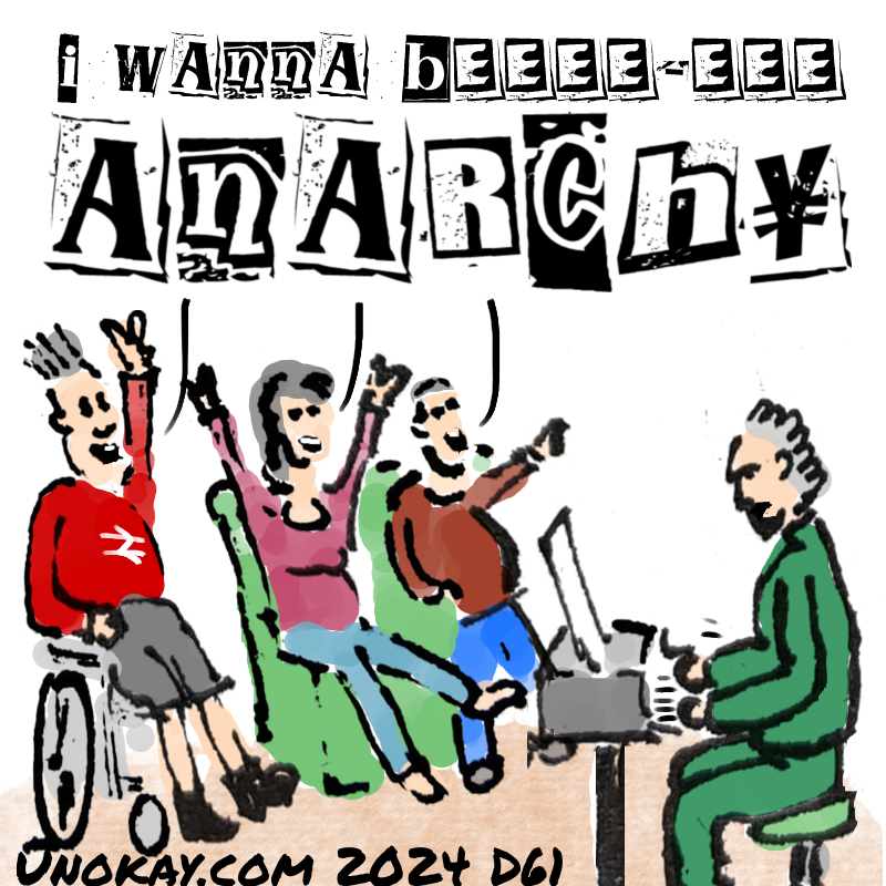 Panel 4: The man is playing the keyboard. The three residents have woken up and are singing. The words appear in punk ransom note style: I wanna beee-eee anarchy.