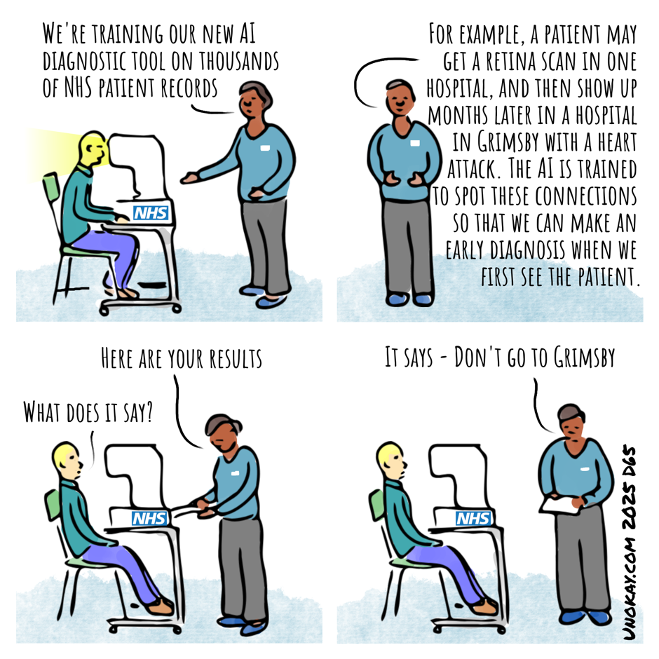 This is a four panel cartoon. Panel 1: A man is seated at a scanner which is shining a light in his eyes. A woman in uniform is standing next to him. She says: We're training our new AI diagnostic tool with thousands of NHS patient records. Panel 2: The woman continues: For example, a patient may get a retina scan in one hospital, and then show up months later in a hospital in Grimsby with a heart attack. The AI is trained to spot these connections and make an early diagnosis when we first see the patient. Panel 3: The scan has finished and the man is leaning back in the chair. The woman is leaning down to take a printout from the scanner. She says: Here are your results. The man says: What does it say? Panel 4: The woman is holding the printout. She says: It says - don't go to Grimsby The cartoon is signed unokay.com 2025 D65