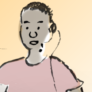 A cartoon image of a young man in a T-shirt with a computer headset