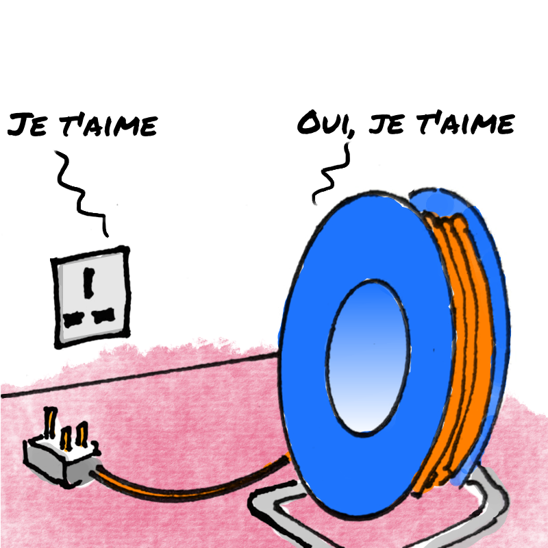 Panel 2: There is an extension lead with a three pin plug beside a wall socket. The wall socket appears to be saying: Je t'aime. And the extension lead replies: Je t'aime