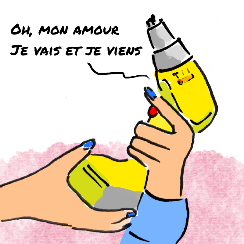 Panel 3: A woman's hands with blue nail varnish is gripping the cordless drill with one hand on the trigger and the other cupped around the battery. The drill is on hammer action. The drill appears to be saying: Oh, mon amour - je vais et je viens