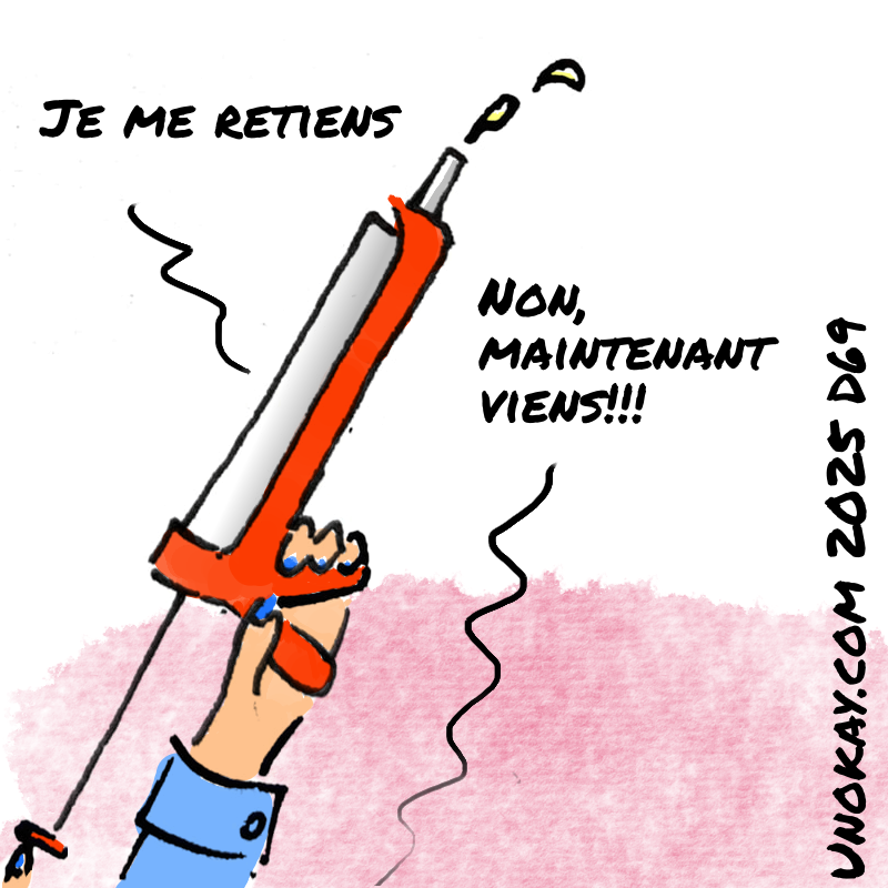 Panel 4: The woman's hands are holding up a sealant gun, with one hand on the trigger. There is sealant squirting out of the nozzle. The gun appears to be saying: Je me retiens. The woman is saying: Non, maintenant viens!!!