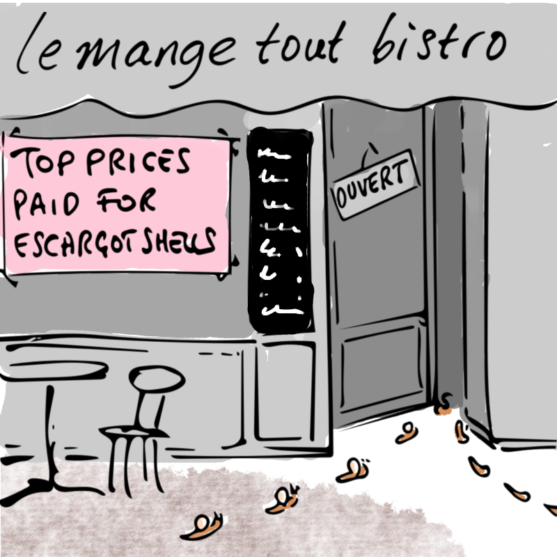 Panel 3: Exterior of a cafe with the name: Le mange tout bistro. The door is open. A line of snails is going into the door. A line of snails missing their shells are coming out. A sign in the window says: Top prices paid for escargot shells.