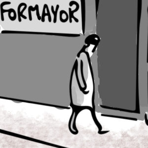 A woman walking with head down