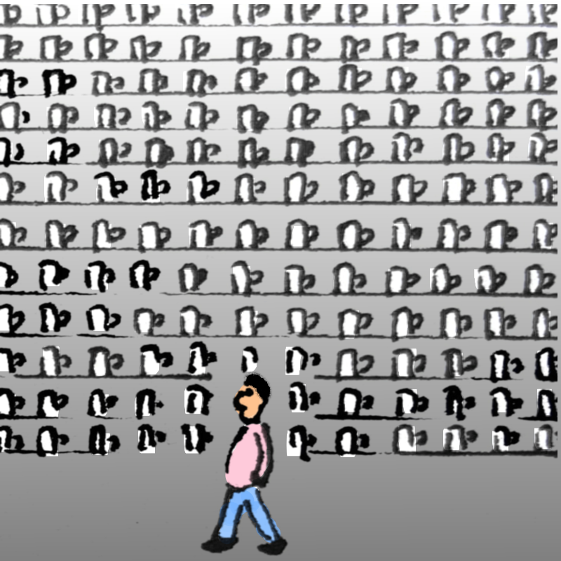 Panel 2: The person is walking in front of a wall lined with shelves extending up to the ceiling. Each shelf has evenly spaced mugs displayed on it.