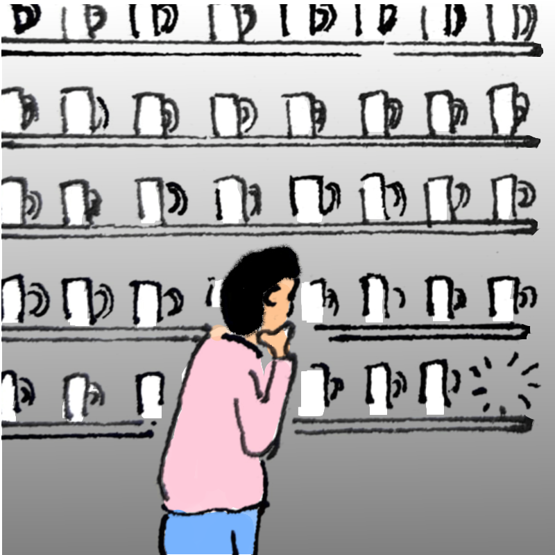 Panel 3: The person is looking closely at own of the shelves - there is a space where a mug should be.