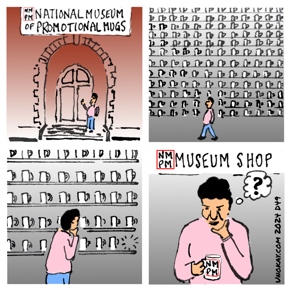 This is a four panel cartoon. Panel 1: A person in a pink top and blue trousers is standing in front of a classical building in a large entrance. A sign aboove the entrance says: National Museum of Promotional Mugs. There is a logo: NMPM. Panel 2: The person is walking in front of a wall lined with shelves extending up to the ceiling. Each shelf has evenly spaced mugs displayed on it. Panel 3: The person is looking closely at own of the shelves - there is a space where a mug should be. Panel 4: Now the person is in the NMPM Musuem Shop according to a sign overhead. They are holding a mug with the same NMPM logo on it. They have a think bubble with a large question mark in it. The cartoon is signed unokay.com 2024 D49