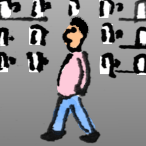 A figure in a pink top and blue trousers is walking in front of shelves of mugs