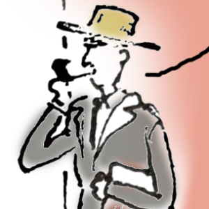 A cartoon image of Robert Oppenheimer showing him in a wide brimmed hat, suit and tie, with a briefcase under his arm. He's smoking a pipe.