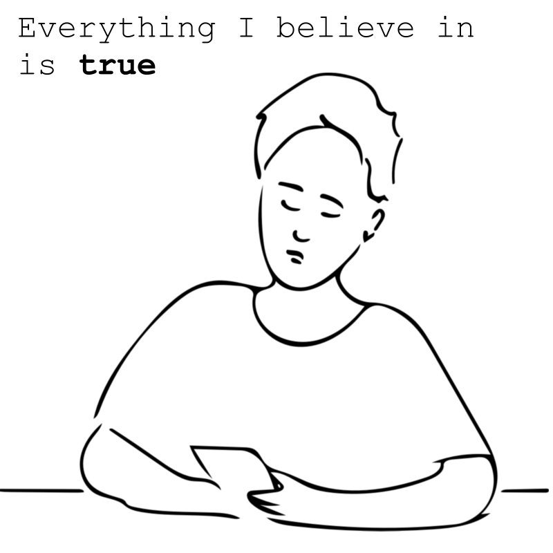 Panel 3: A yound person is studying their phone. The text reads: Everything I believe in is true