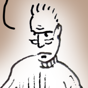 A cartoon image showing the face and upper body of an older man. He is looking at something over his glasses and frowning. He has short hair and is wearing a polo neck jumper.