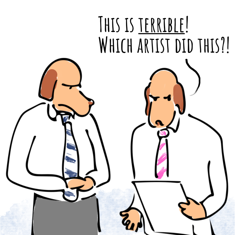 Panel 2: The second dog head is looking at a sheet of paper. He says: The is terrible! Which artist did this?!