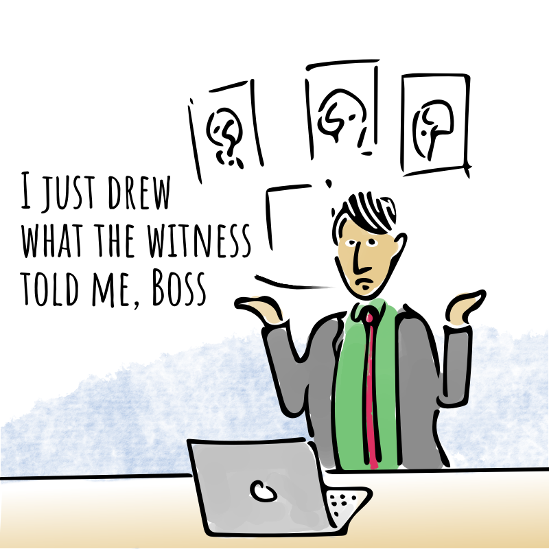 Panel 3: A man who looks like a young Picasso is sitting at a desk with a laptop. There are sketches on the wall behind him. He is shrugging his shoulders. He says: I just drew what the witness told me, Boss. 