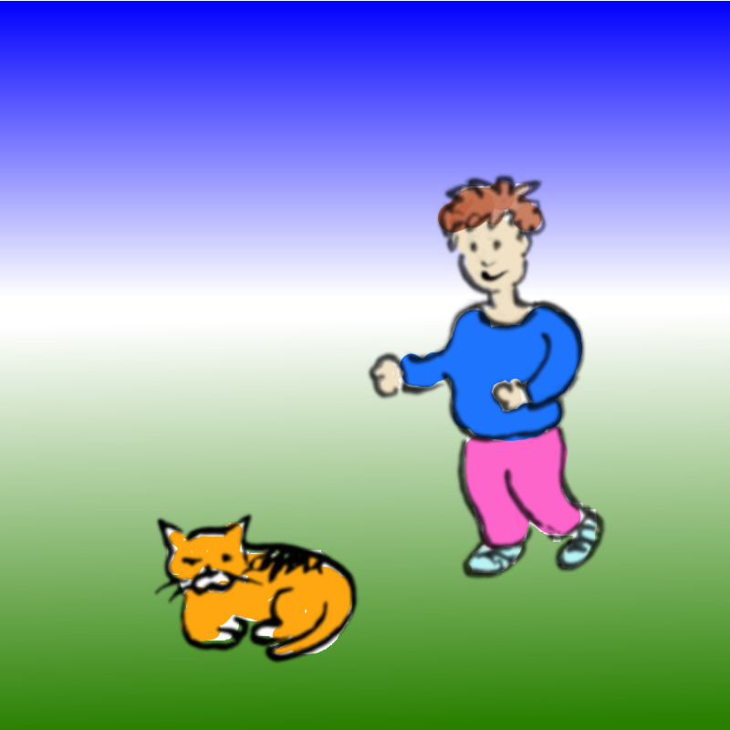 Panel 1: A ginger cat is lying curled up on the ground. It looks half asleep. A small child is running up behind the cat. The child is wearing a blue top and pink trousers, and is smiling. The grass is green - the sky is blue.