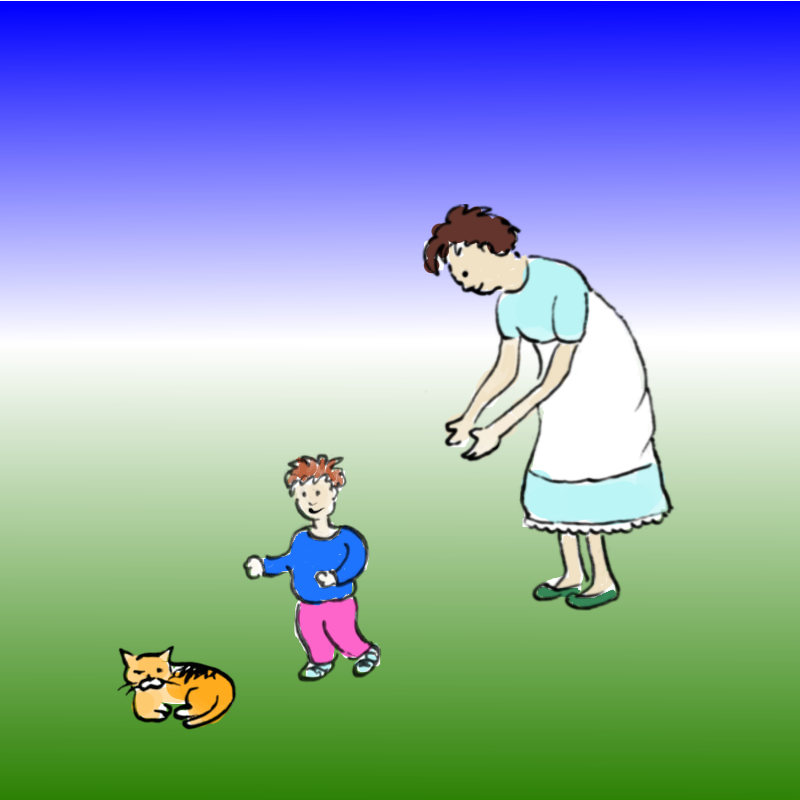 Panel 2: The same scene but further back. Now we see a woman behind the child, wearing a blue and white dress. She is bending over towards the child and her arms are held out towards the child as if letting it go.