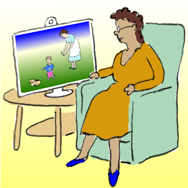 Panel 3: Now the scene is indoors. An older woman in an orange dress is sitting in an upright armchair. She is watching the scene with the cat and the child and the mother on a monitor which is on an table next to her chair. On top of the monitor is a webcam.