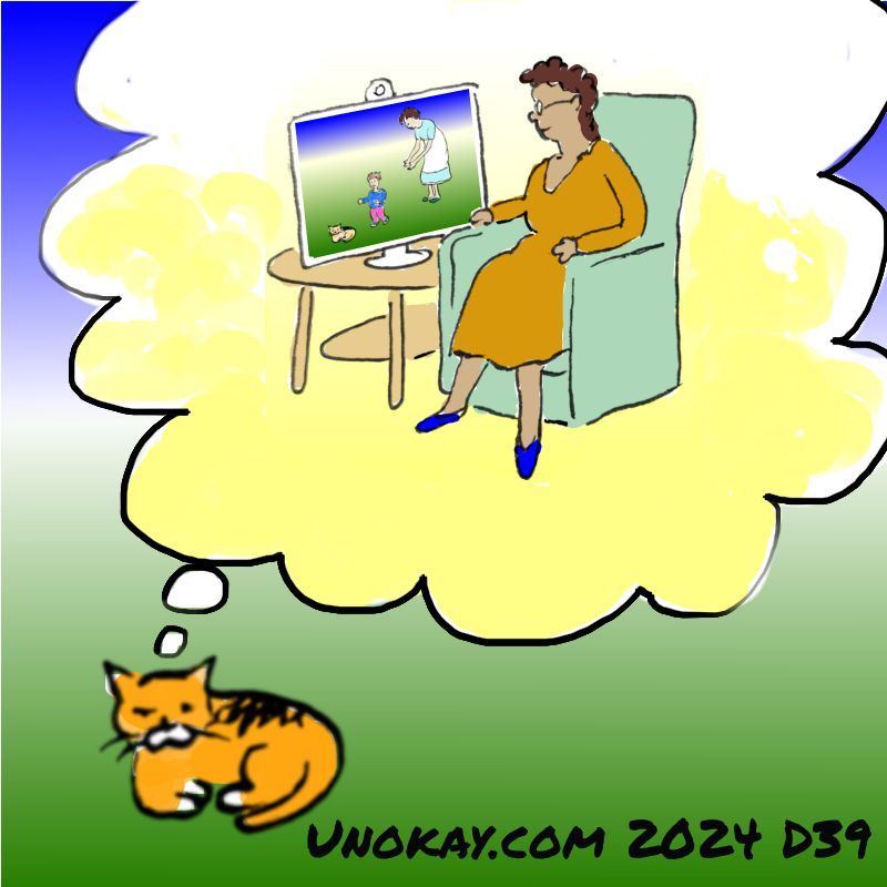 Panel 4: The scene is back to the ginger cat half asleep on the ground. But now the cat is dreaming of the scene with the grandmother watching the mother and the child and the cat.